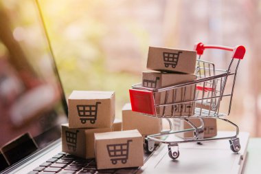 Çevrimiçi alışveriş kavramı - Paket veya karton kutu ve alışveriş