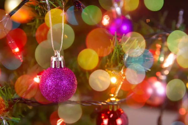 Décoration de Noël. Balles pendantes violettes sur branches de pin chri Photo De Stock