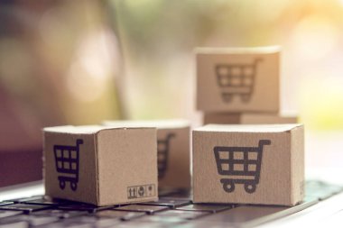 İnternetten alışveriş - karton kutular ya da alışveriş arabalı paket
