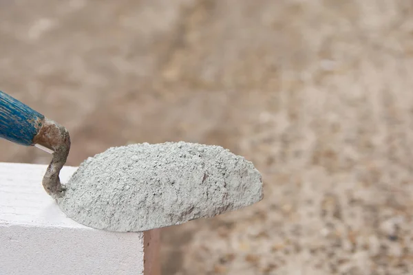 Cement Powder Mortar Trowel Put Lightweight Concrete Brick Construction Work — Stock Photo, Image