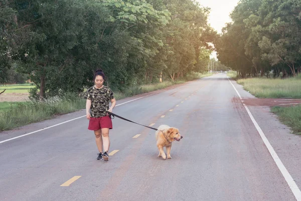 Asian woman with her golden retriever dog walking on the public road