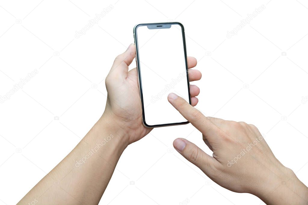 Man hand holding smartphone isolated on white with clipping path