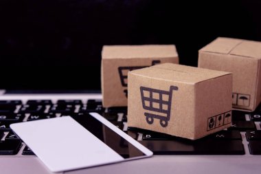 İnternetten alışveriş. Kredi kartı ve klavyede alışveriş arabasının logosu olan karton kutu. İnternet 'te alışveriş servisi. Eve teslim etmeyi teklif ediyor