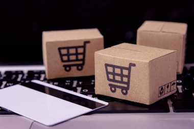 İnternetten alışveriş. Kredi kartı ve klavyede alışveriş arabasının logosu olan karton kutu. İnternet 'te alışveriş servisi. Eve teslim etmeyi teklif ediyor
