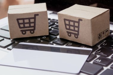 İnternetten alışveriş. Kredi kartı ve klavyede alışveriş arabasının logosu olan karton kutu. İnternet 'te alışveriş servisi. Eve teslimat teklif ediyor