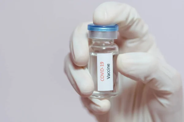 Frasco Vidro Covid Coronavirus Vacina Mão Médico — Fotografia de Stock