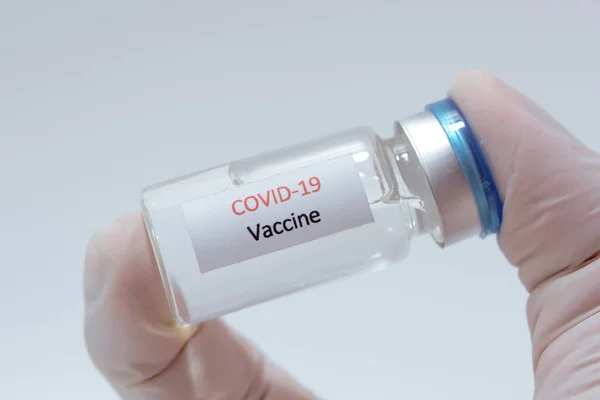 Frasco Vidro Covid Coronavirus Vacina Mão Médico — Fotografia de Stock
