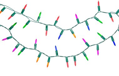 Noel ışıkları beyaz arka planda izole edilmiş bir şekilde kırpıştırılıyor