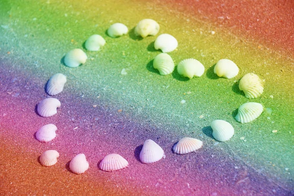 Heart Shape Made Shells Rainbow Colorful Sandy Beach Lover Concept — Stock Photo, Image