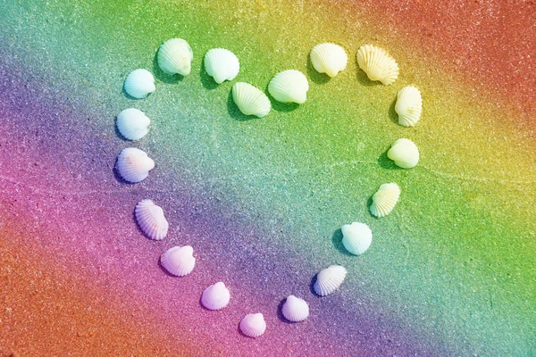 Heart Shape Made Shells Rainbow Colorful Sandy Beach Lover Concept — Stock Photo, Image