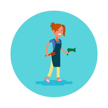 Kuaför bir düz simge vektör çizim tasarımı. Genç kadın saç kurutma makinesi ve saç fırçası ile önlük