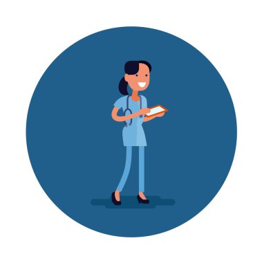 bir doktor düz simge vektör illüstrasyon tasarımı. Mavi üniformalı genç kadın