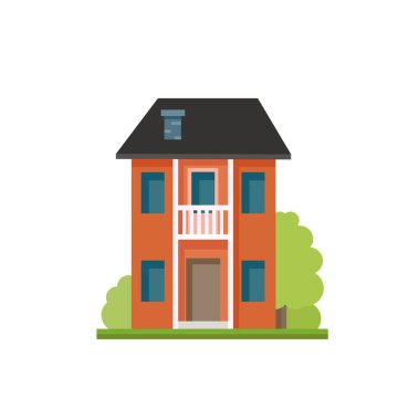 Düz renkli ev açık simgesi. İki katlı yazlık kırmızı duvarlı. Modern tasarım yapıları illüstrasyon vektör