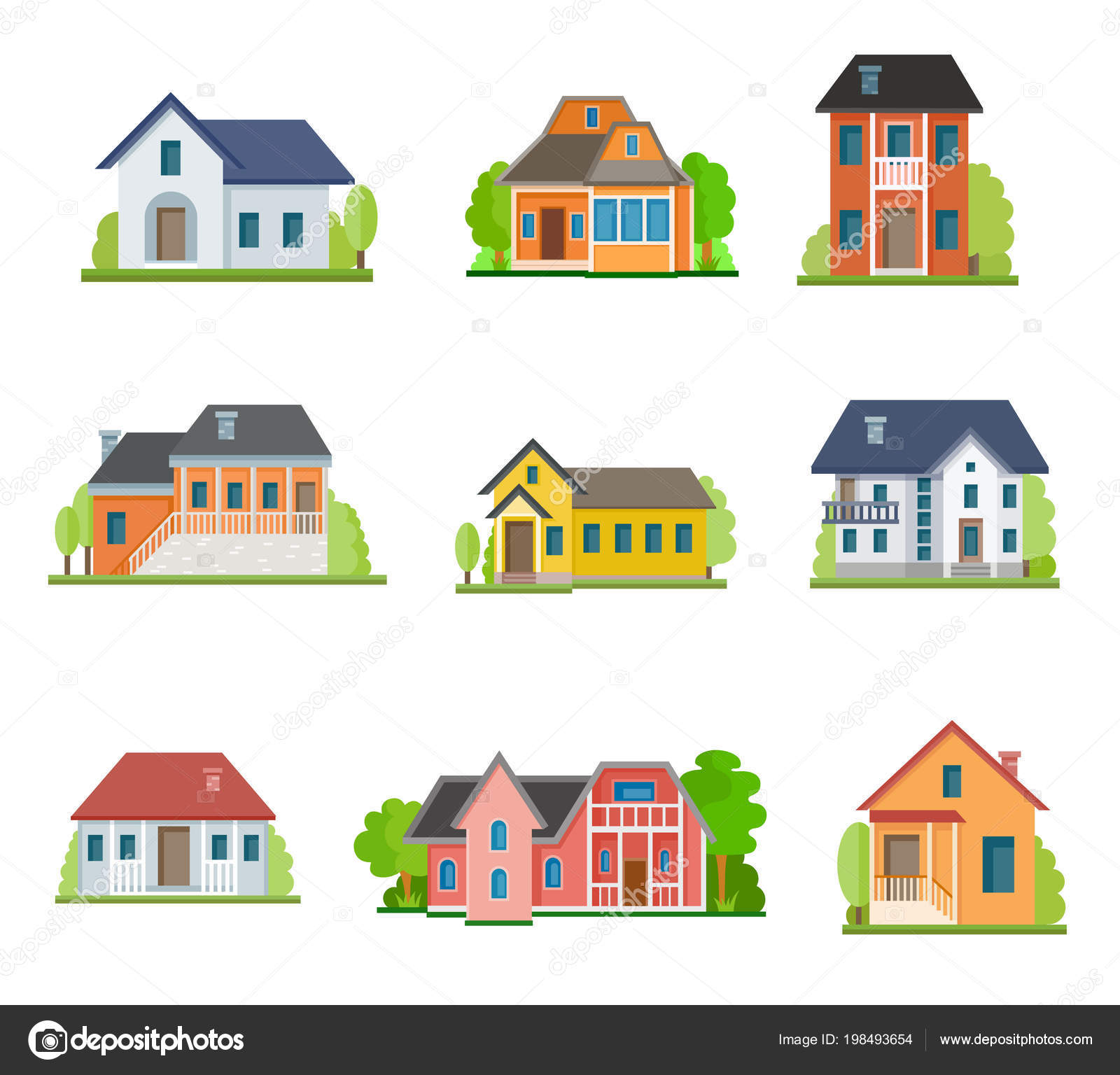 Flat Houses Front Icon Set Vector Illustration Different Types Cottages  Stock Vector Image by ©Polyudova #198493654