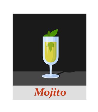 Mojito kokteyl menü öğesini veya herhangi bir tasarım. Siyah arka plan, vektör çizim parti içki