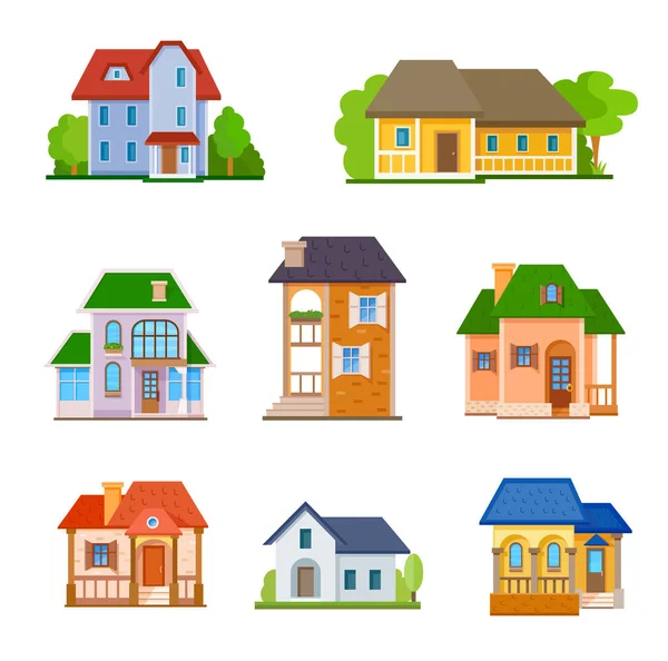 Casas Planas Conjunto Iconos Delanteros Ilustración Vectorial Diferentes Tipos Cabañas — Vector de stock