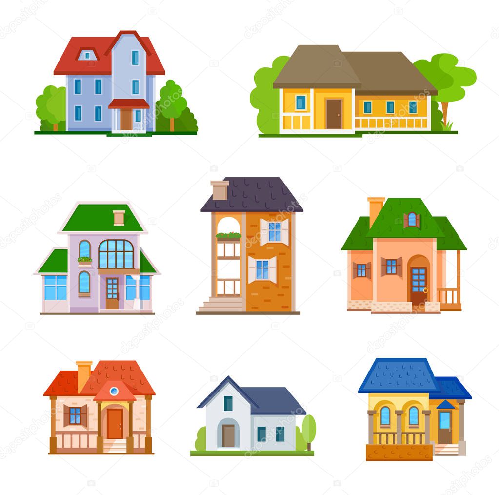 Flat houses front icon set, vector illustration. Different types of cottages, residential and guest houses