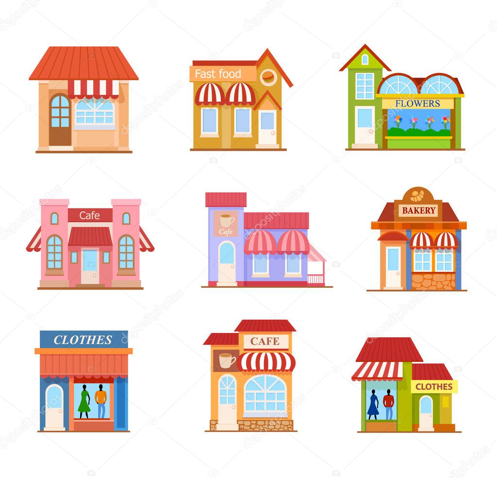Flat style set of a buildings. Colorful illustrations of a different types of store and cafe buildings  front view, vector illustration
