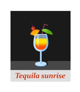 Tekila sunrise kokteyl menü öğesini veya herhangi bir tasarım. Siyah arka plan, vektör çizim parti içki