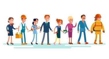 Vektör düz Icon set insanların farklı meslekler: hostes, marangoz, Doktor, ofis çalışanı, Kuaför, itfaiyeci, öğretmen, masör
