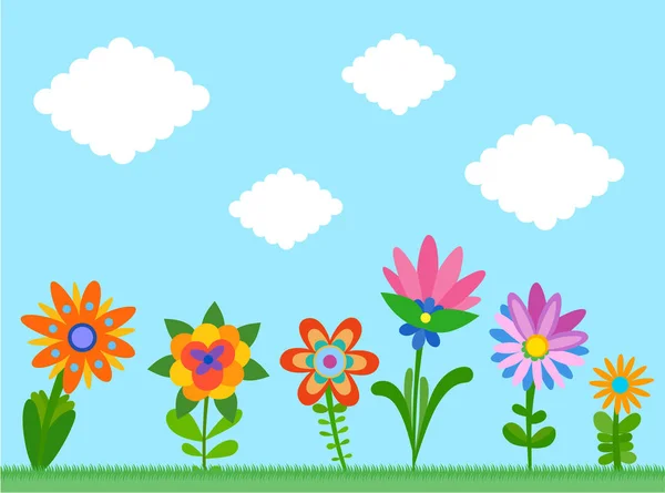 Fondo Con Flores Coloridas Estilo Ingenuo Ilustración Plana Dibujos Animados — Vector de stock