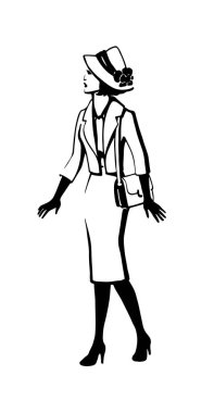 Soyut retro şapka ve etek takım elbiseli bir kadın portresi. Vintage Bayan yüksek topuklu ayakkabı çanta ile. Siluet moda resimde siyah mürekkep el çekilmiş