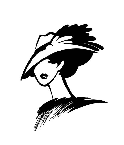 Portrait Rétro Abstrait Une Femme Chapeau Illustration Mode Silhouette Dessinée — Image vectorielle