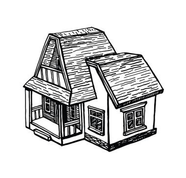 Bir yazlık açısından, beyaz arka plan üzerinde siyah ve beyaz eskiz. Mürekkep el vektör çizim çekilmiş. Çevre düzenlemesi ile iki katlı ev
