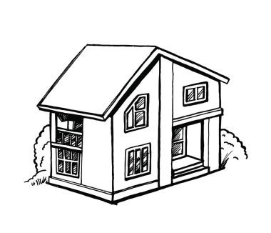 Bir yazlık açısından, beyaz arka plan üzerinde siyah ve beyaz eskiz. Mürekkep el vektör çizim çekilmiş. Çevre düzenlemesi ile iki katlı ev