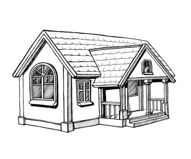 Bir yazlık açısından, beyaz arka plan üzerinde siyah ve beyaz eskiz. Mürekkep el vektör çizim çekilmiş. Çevre düzenlemesi ile tek katlı ev