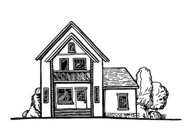 Yazlık cephe beyaz arka planda siyah ve beyaz eskiz. Mürekkep el vektör çizim çekilmiş. Çevre düzenlemesi ile iki katlı ev