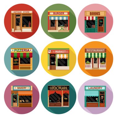 Düz stil Cafe Restoran salonu küçük küçük süslü Icon set saklayın. Antika, Pazar, kitaplar, pastane, Restoran, nargile, hamburger, pizza, kafe, Çamaşırhane