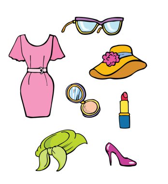 Elle çizilmiş renkli moda simgeler kümesi. Göz Book.Trendy giysi ve aksesuarları