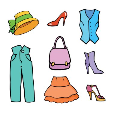 Elle çizilmiş renkli moda simgeler kümesi. Book.Trendy giyim, Ayakkabı ve aksesuarları bak