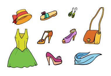 Elle çizilmiş renkli moda simgeler kümesi. Book.Trendy giyim, Ayakkabı ve aksesuarları bak. Sarafan, Ayakkabı, aksesuar