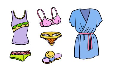 Elle çizilmiş renkli moda simgeler kümesi. Book.Trendy ev elbise, Ayakkabı ve iç çamaşırı bak. Bornoz, terlik, iç çamaşırı, sütyen, string