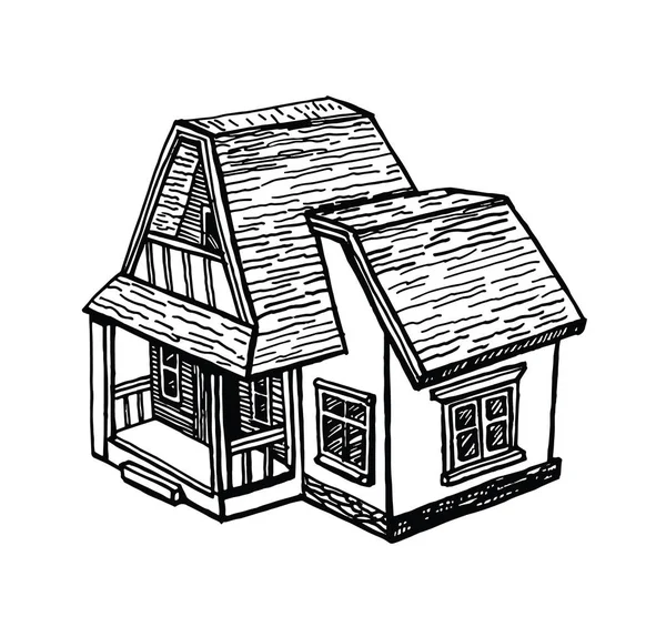 Bir yazlık açısından, beyaz arka plan üzerinde siyah ve beyaz eskiz. Mürekkep el vektör çizim çekilmiş. Çevre düzenlemesi ile iki katlı ev