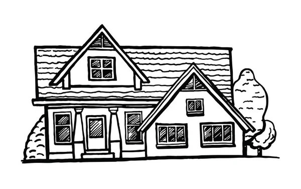 Schwarz Weiße Skizze Einer Hausfassade Auf Weißem Hintergrund Tusche Handgezeichnete — Stockvektor