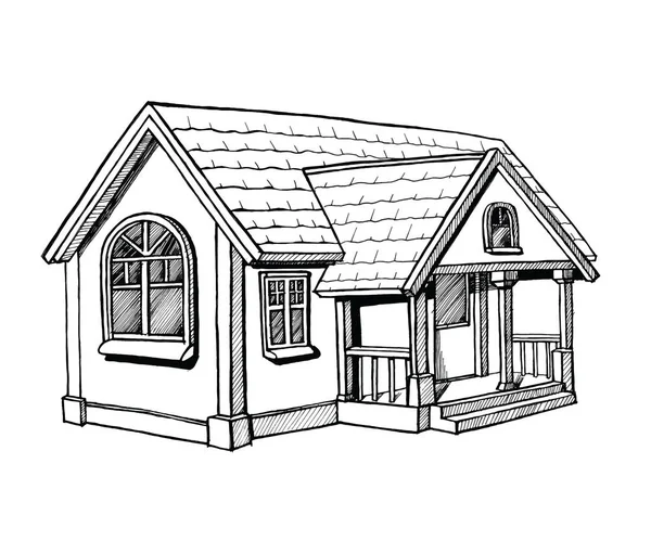 Bir yazlık açısından, beyaz arka plan üzerinde siyah ve beyaz eskiz. Mürekkep el vektör çizim çekilmiş. Çevre düzenlemesi ile tek katlı ev