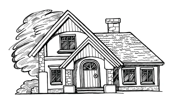 白い背景の上のコテージ外観の黒と白のスケッチ インクの手には ベクター グラフィックが描画されます 二階建ての家の美化を用いる — ストックベクタ