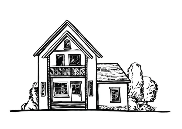 Yazlık cephe beyaz arka planda siyah ve beyaz eskiz. Mürekkep el vektör çizim çekilmiş. Çevre düzenlemesi ile iki katlı ev
