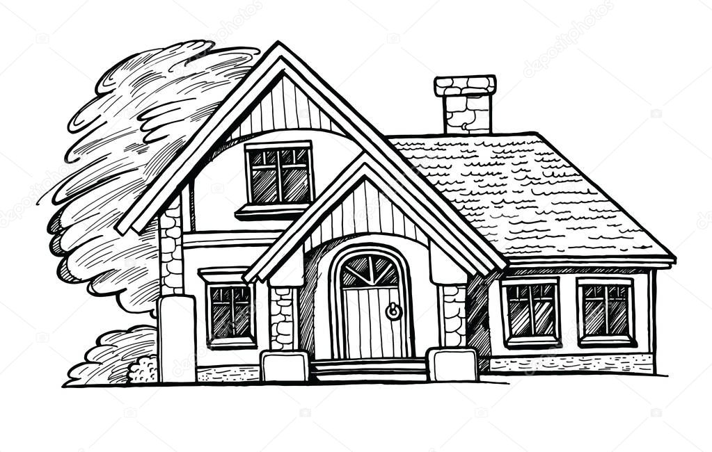 Black and white sketch of a cottage facade on white background. Ink hand drawn vector illustration. Two-storey house with landscaping