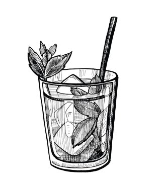 Alkol kokteyl el vektör çizim çekilmiş. Buz ile Vintage kokteyl kroki, nane yaprakları, İçecek mürekkep çizim için bar veya pub menü. Grafik görüntü izole beyaz arka plan üzerinde