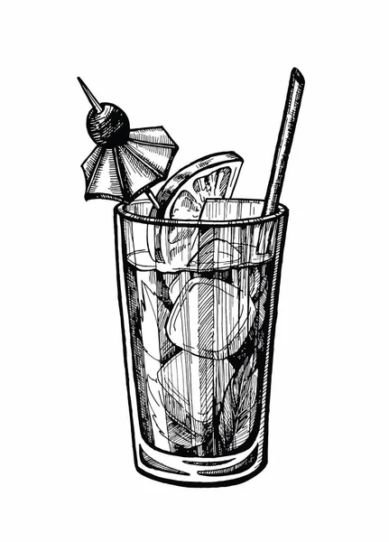 アルコール カクテルの手には ベクター グラフィックが描画されます ビンテージ カクテルは氷 チューブ オレンジ ベリーをスケッチします 飲料インクの描画バーやパブ — ストックベクタ