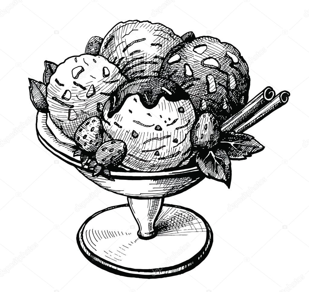 Ice cream in the vase hand drawn vector illustration. Vintage Ice cream sketch with strawberries chocolate and cinnamon sticks. Dessert food ink drawing for cafe or restaurant menu. Graphic image