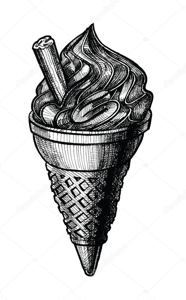 Ice cream hand drawn vector illustration. Vintage ice cream sketch. Dessert food ink drawing for cafe or restaurant menu. Graphic image isolated on white background