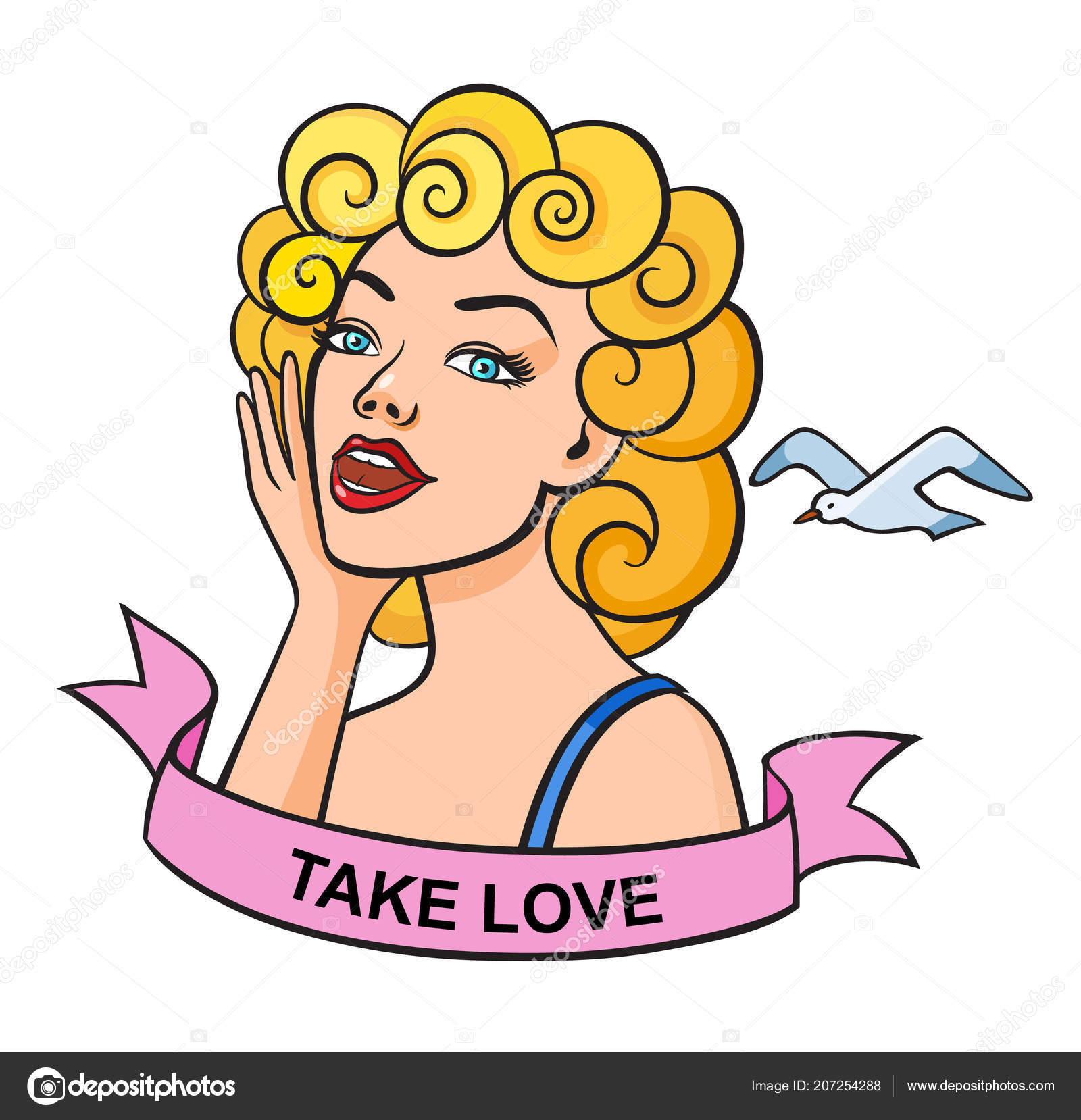 Fashion Pop Art Style Blonde Sexy Woman Head Gull Patch Stock