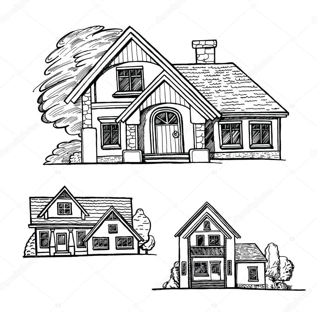 Black and white of a cottage sketch facades, on white background. Facades of a houses with a trees. Ink hand drawn vector illustration