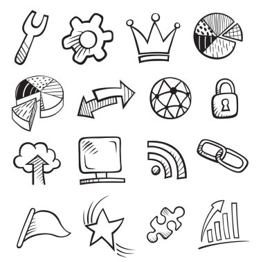 Web ve bilgisayar Icon Set. El Siyah yarım yamalak Doodles simgeler için Internet çekilmiş. Okul stile geri dönün. Vektör çizim tasarım öğeleri 