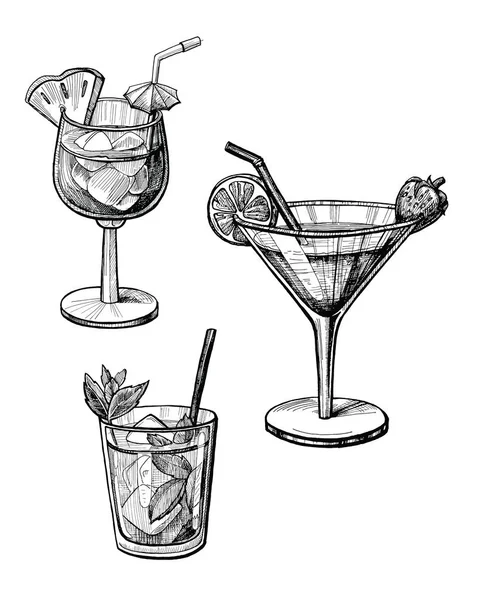 Alkohol Koktél Kézzel Rajzolt Vektoros Illusztráció Készletet Vintage Koktél Vázlatok — Stock Vector